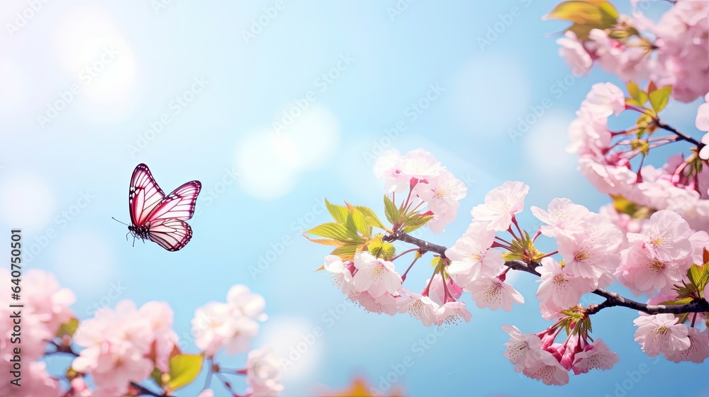 Obraz premium Beautiful pink butterfly and cherry blossom branch in spring on blue sky background, soft focus. Amazing elegant artistic image of spring nature, frame of pink Sakura flowers and, Generative AI