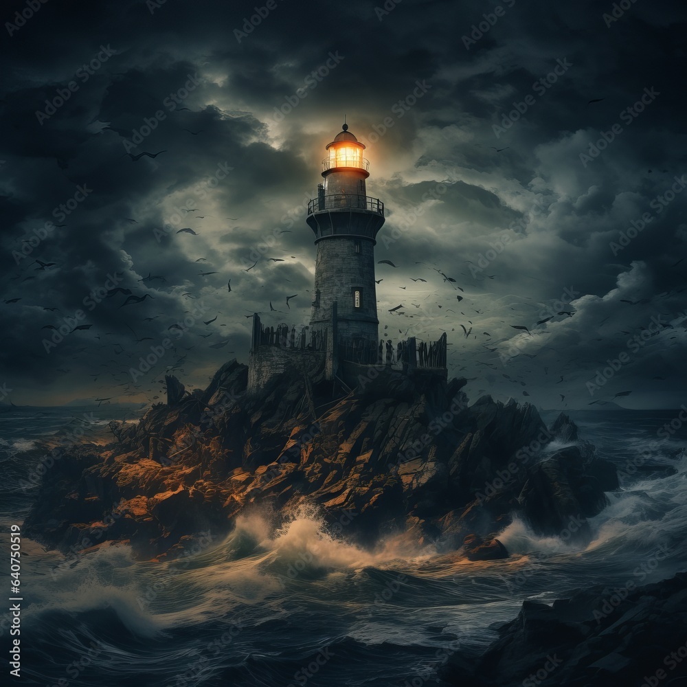 lighthouse on the shore of the sea. old lighthouse on an island of a sea at mysterious night.