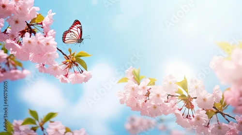 Beautiful pink butterfly and cherry blossom branch in spring on blue sky background, soft focus. Amazing elegant artistic image of spring nature, frame of pink Sakura flowers and, Generative AI