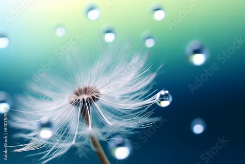 Beautiful dew drops on a dandelion seed macro.  Beautiful blue background. Large golden dew drops on a parachute dandelion. Soft dreamy tender artistic image  Generative AI