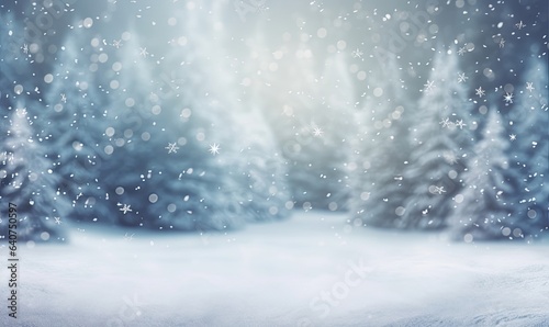 Blurry image of a winter forest, small snowdrifts and light snowfall - a beautiful winter-themed background wide format, Generative AI
