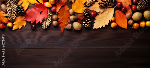 Colorful fall leaves, nuts, and pine cones, autumn decor on a dark wooden background with copy space