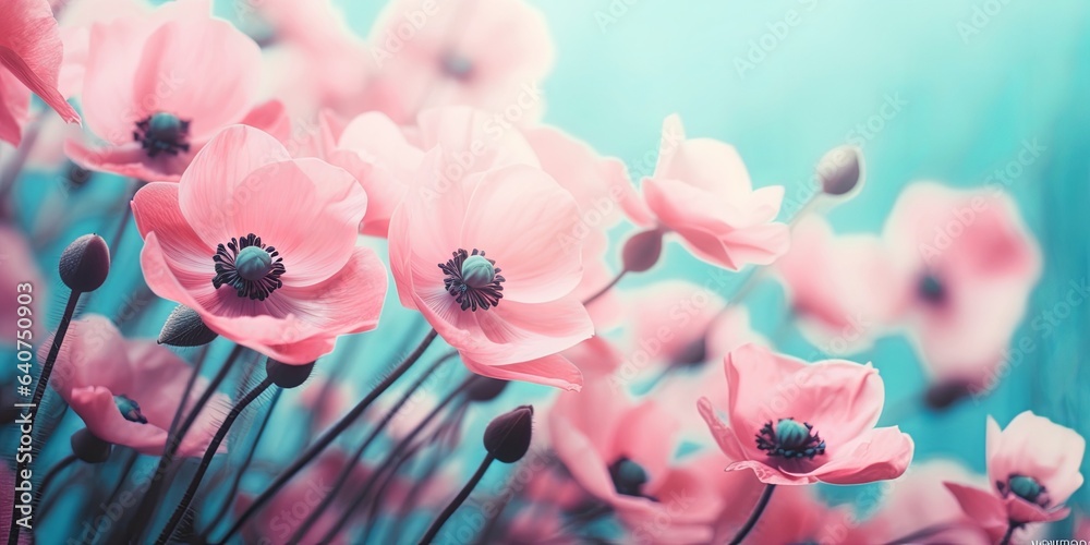 Fototapeta premium Gently pink flowers of anemones outdoors in summer spring close-up on turquoise background. Delicate dreamy image of beauty of nature, Generative AI
