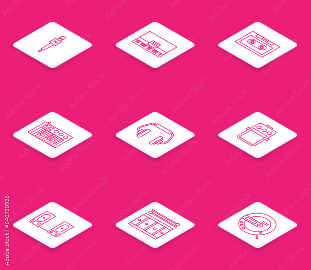 Set line Microphone, Piano, Retro audio cassette tape, Music synthesizer, Headphones, Guitar pedal, Stereo speaker and Drum with drum sticks icon. Vector Set line Microphone, Piano, Retro audio cassette tape, Music synthesizer, Headphones, Guitar pedal, Stereo speaker and Drum with drum sticks icon. Vector