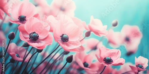 Gently pink flowers of anemones outdoors in summer spring close-up on turquoise background. Delicate dreamy image of beauty of nature, Generative AI