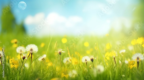 Spring summer blurred natural background. Beautiful meadow field with fresh grass and yellow dandelion flowers against sky, Generative AI