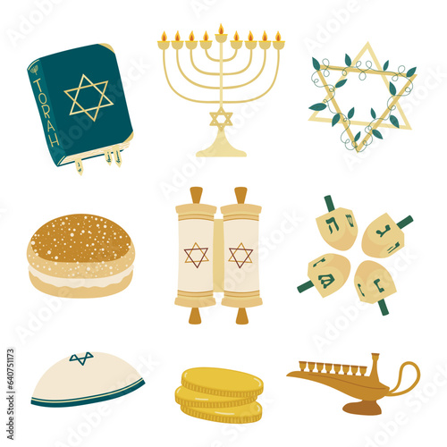 Happy Hanukkah! Jewish set consisting of: Torah, Menorah, Star of David, Sufganiyah, Scroll, Dreidal, Kippah, gelt coin and oil Menorah.