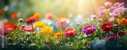 Colorful beautiful multicolored flowers Zínnia spring summer in Sunny garden in sunlight on nature outdoors. Ultra wide banner format, Generative AI
