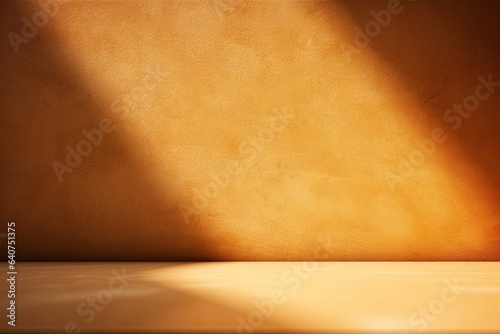 Universal background for presentation in golden brown tones. Textured empty wall with sun highlights and shadows, Generative AI