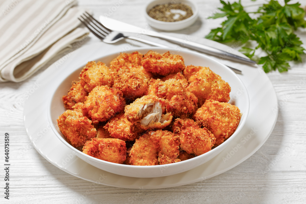 crispy fried panko breaded chicken bites in bowl crispy fried panko breaded chicken bites in bowl