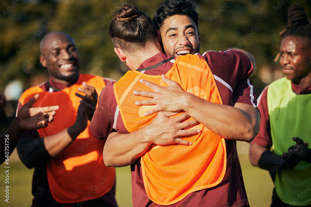 Fototapeta premium Hug, sports and rugby team celebrate teamwork, achievement or winning game, match or tournament competition. Embrace, group winner celebration and men happy, excited or applause for challenge success