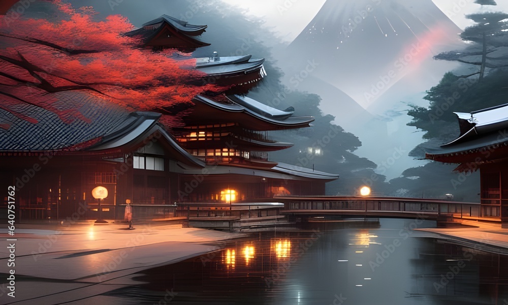 Obraz premium Japanese landscape with trees and fog - generative ai