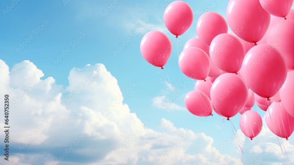 Balloons Around the World Day. Colorful pink balloons on blue sky background. Festive balloons in air web wide banner