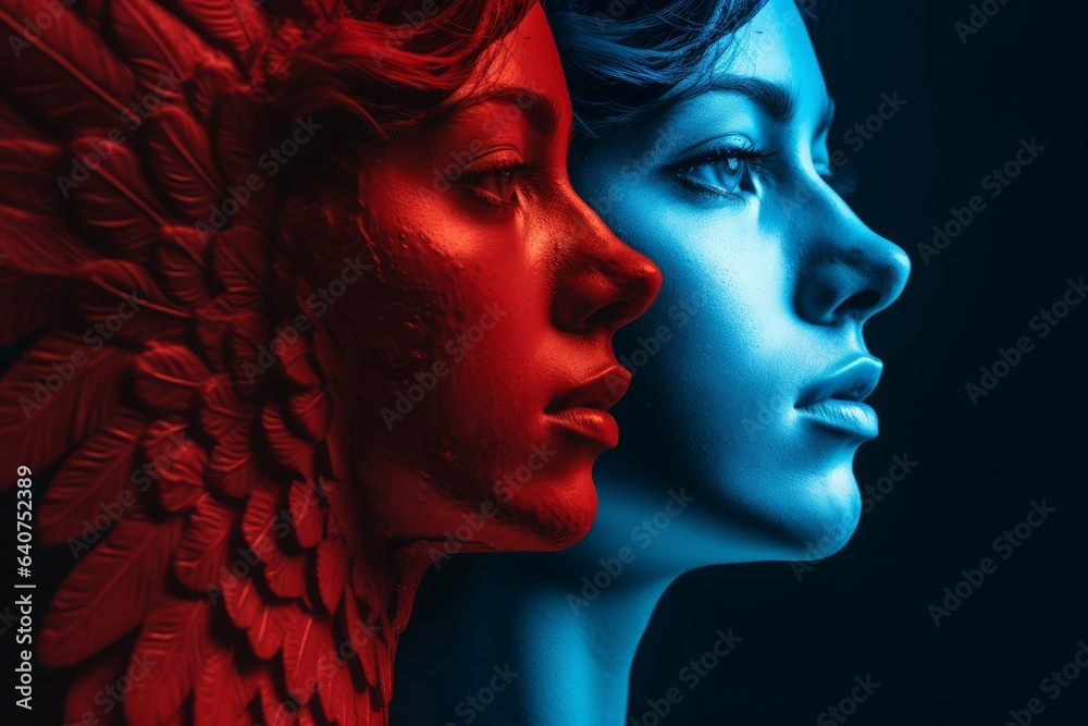 Face woman red blue. Generate Ai