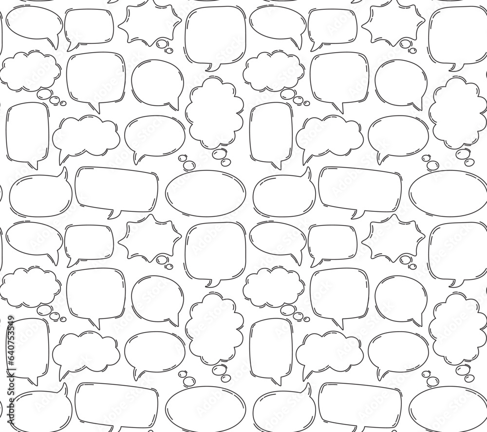 Obraz premium Seamless pattern of hand drawn empty different shape speech bubbles. Black and white vector background with doodle outline elements 