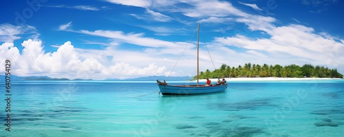 Boat in turquoise ocean water against blue sky with white clouds and tropical island. Natural landscape for summer vacation  panoramic view  Generative AI