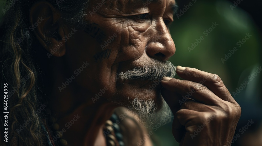 Illustration of a Hawaiian tattooed on the face and smoking, cool - obrazy, fototapety, plakaty 