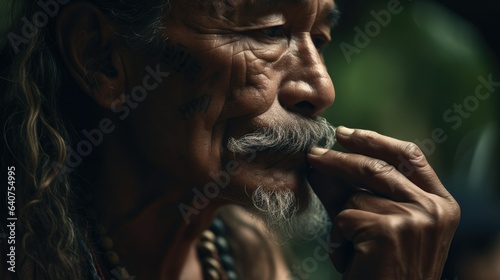 Illustration of a Hawaiian tattooed on the face and smoking, cool photo