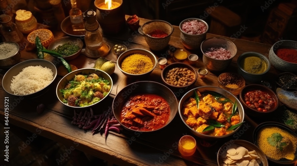 many kinds of India food on wooden table