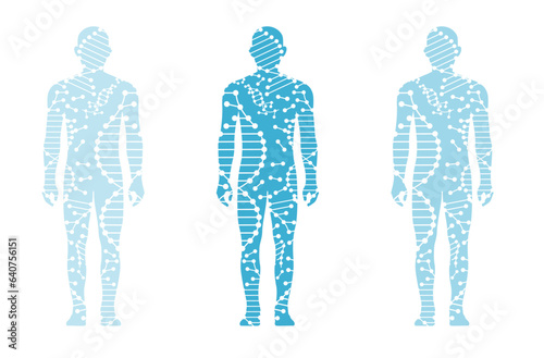 medical science and technology illustration, blue human body and dna icon , gene and molecule isolated on white background.