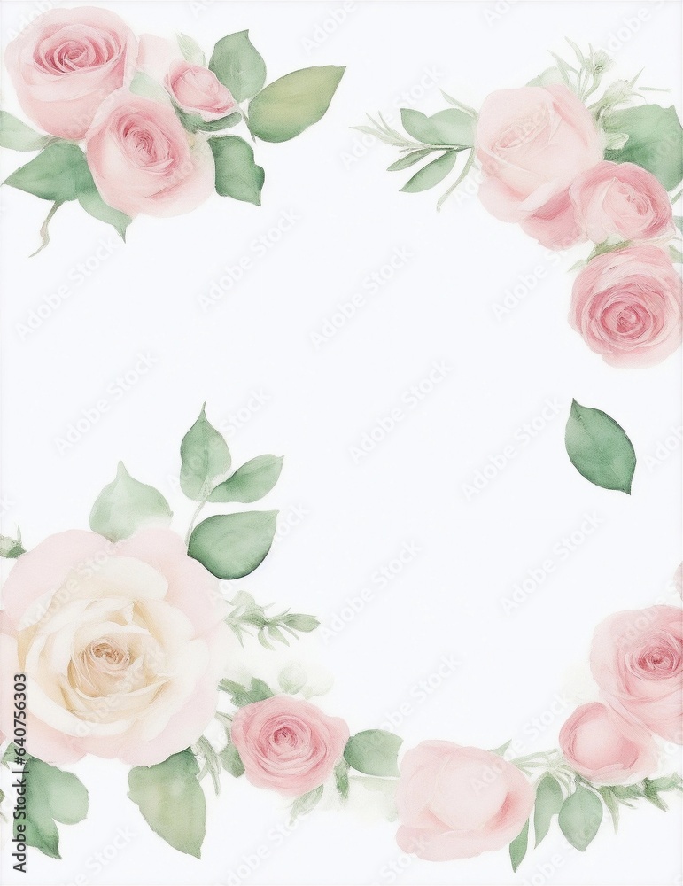 pink roses and hydrangea wedding flowers frame, watercolor style on white background illustration