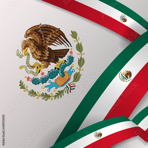 3D Mexico Flag Card Poster Design with Mexican Flag Coat of Arms on background. Vector Illustration. 
