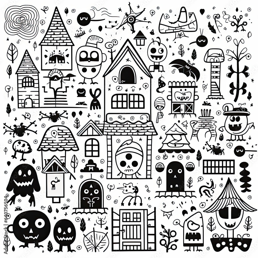 Black and white coloring pages for kids, simple lines, vector, a coloring page for kids, halloween elements, cartoon style, black thick lines, medium detail, white background. Generative AI.