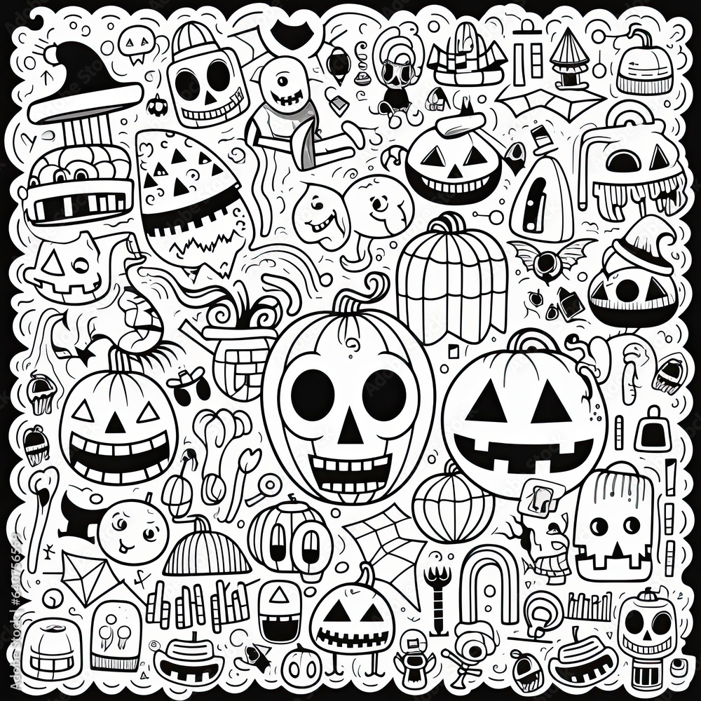 Obraz premium Black and white coloring pages for kids, simple lines, vector, a coloring page for kids, halloween elements, cartoon style, black thick lines, medium detail, white background. Generative AI.