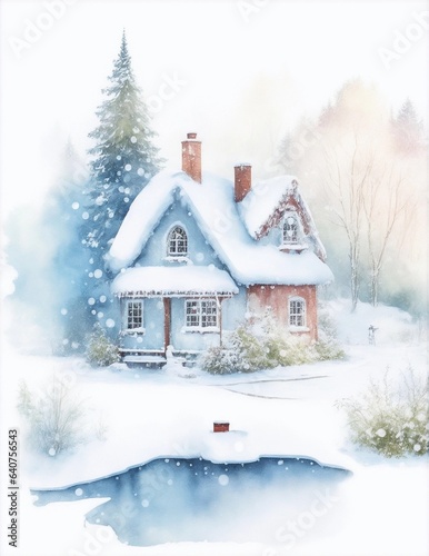 watercolor winter hut in the snow in clip art style, trees on a white background illustration