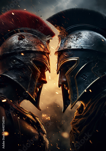 Spartan and Athenian soldiers face off, tension thick, history and rivalry in silent clash.