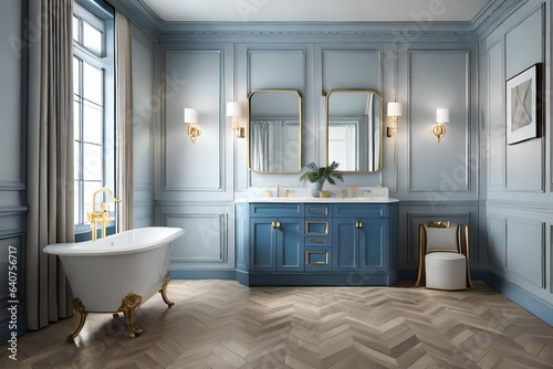 Modern blue bathroom interior with bath and decorative objects