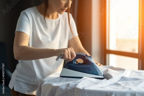 The housewife is ironing clothes with determination.