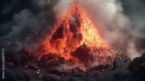 Illustration of a terrible mountain explosion and fiery fire, hot