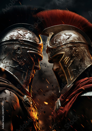 A Spartan soldier and an Athenian soldier face each other in a dark moment. UFC theme clash in heavy air of history and rivalry.