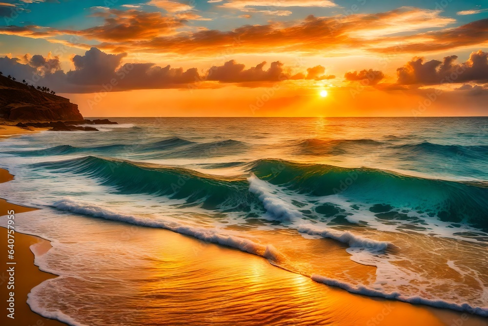 sunset on a wavy beach