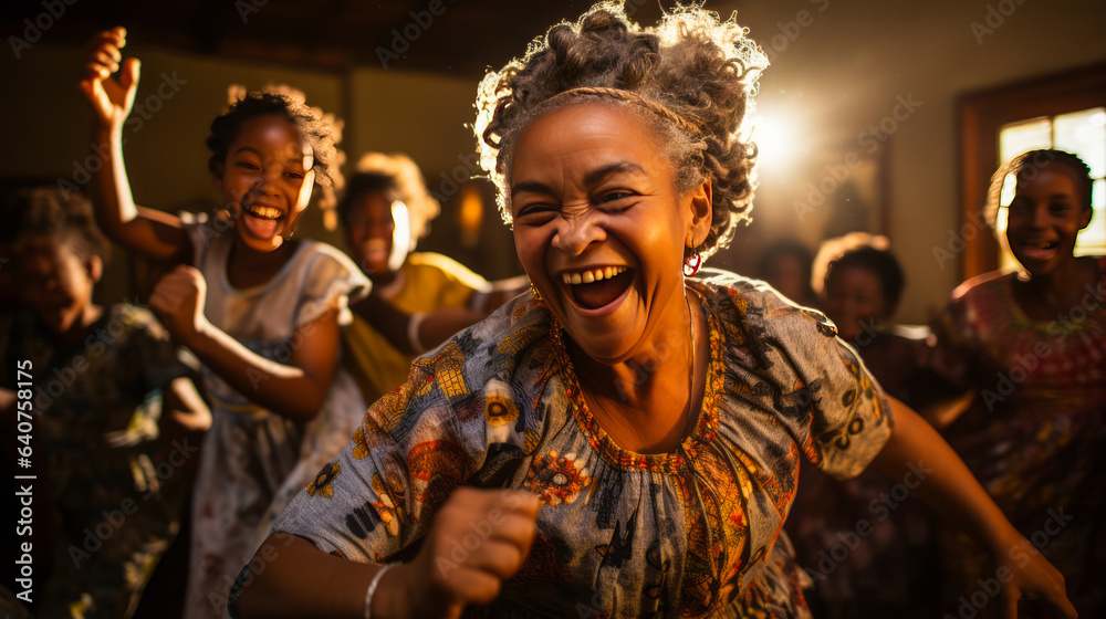 Radiant 60-year-old woman joyfully teaches traditional dance steps to her thrilled grandchildren in a cozy living room, embodying love, unity, and heritage.