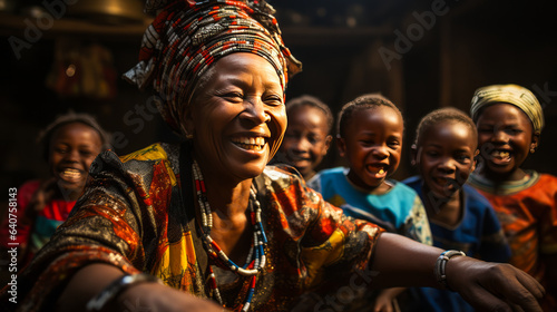 Joyful senior woman sharing heritage through traditional dance with grandchildren in a living room  embodying happiness and unity.