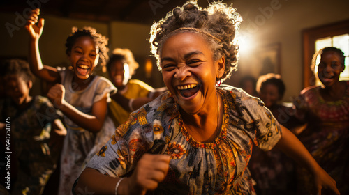 Radiant 60-year-old woman joyfully teaches traditional dance steps to her thrilled grandchildren in a cozy living room, embodying love, unity, and heritage.