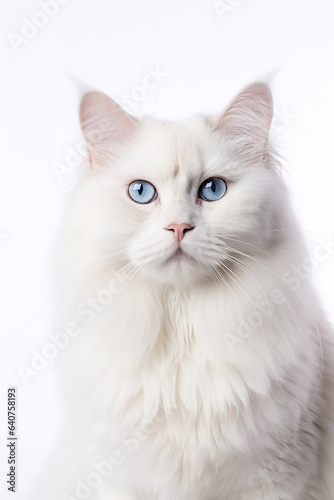 Beautiful close-up of a cat of white color and blue eyes on a white background