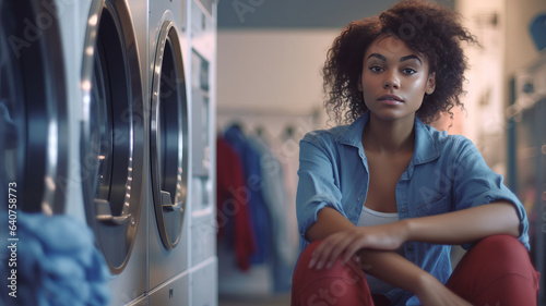 Young african american woman waiting in a laundry room.generative ai photo