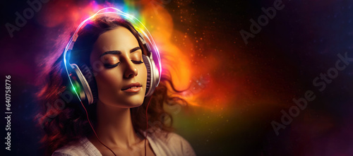 Healing Sounds and Sound Therapy. Sound healing well-being vibrations open, clear and balance chakras and energy. Woman in headset in sound healing therapy and meditation.