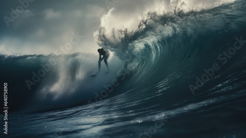 Illustration of a person surfing on a beach with big waves, cool