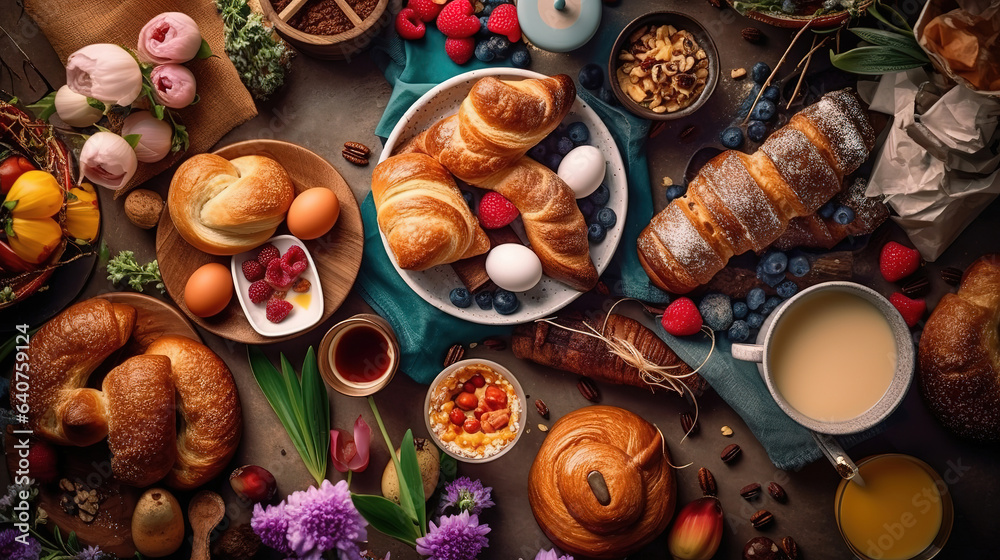 Easter breakfast flat lay, scrambled eggs, bagels, tulips, muffin, coffee, fruits. Generative ai Easter breakfast flat lay, scrambled eggs, bagels, tulips, muffin, coffee, fruits. Generative ai