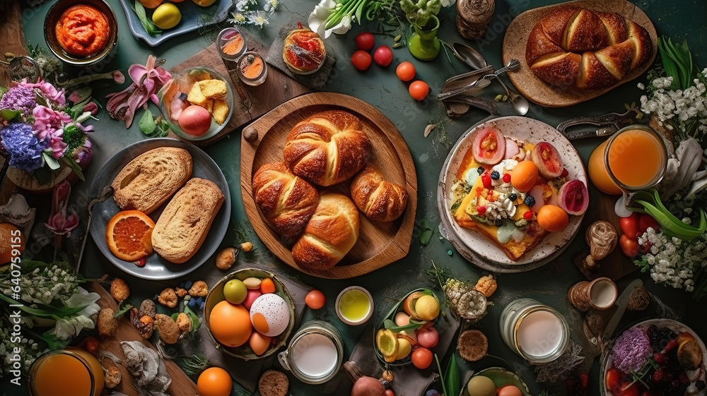 Rustic easter breakfast flat lay with eggs bagels, tulips, croissants, egg. Generative ai