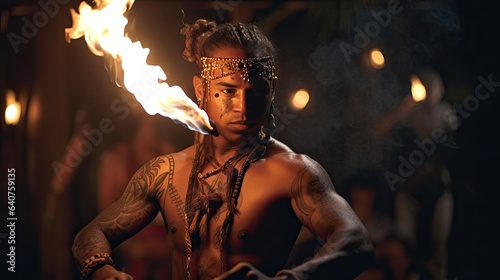 Illustration of a Hawaiian performing with fire, cool
