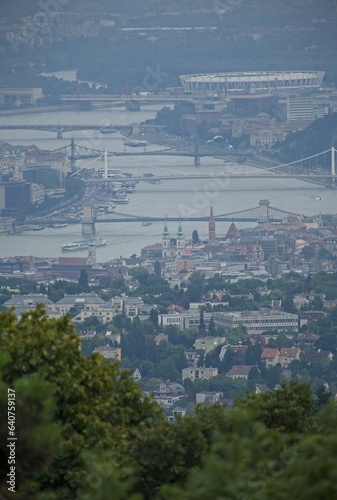Budapest, Hungary - Aug 18, 2023: View of the Budapest city from the Kilatopont viewpoint in a sunny summer day. South Budapest. Selective focus.