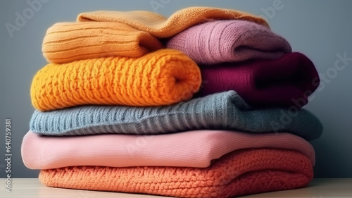 Pile of folded knitted warm women sweaters and scarves on gray background. Generative ai