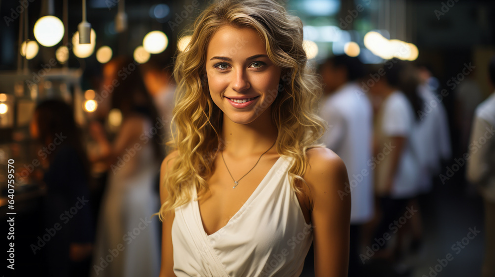 Intriguing contrast of a radiant, 18-year-old blonde with blue eyes and bright smile in white dress, set against an active science lab backdrop. Intriguing contrast of a radiant, 18-year-old blonde with blue eyes and bright smile in white dress, set against an active science lab backdrop.