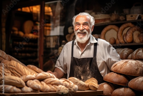 A old man seller in bakery stor and in smile 