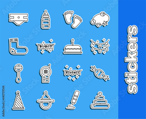 Set line Pyramid toy, Candy, Carnival garland with flags, Baby footprints, socks clothes, absorbent diaper and Cake burning candles icon. Vector